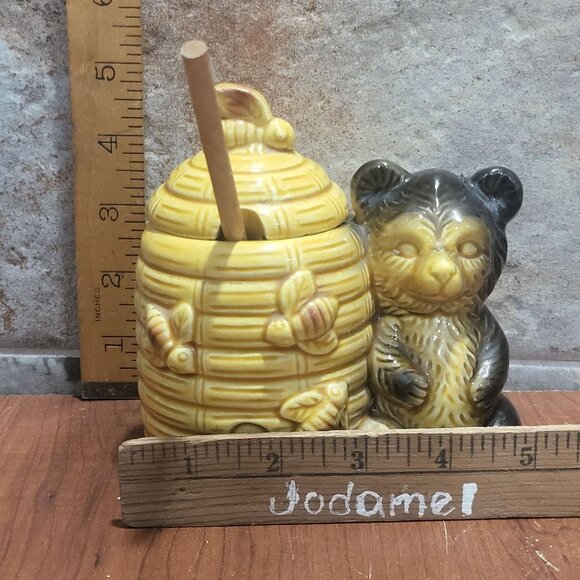 Vintage Beehive Bear Honey Pot With Lid Honey Wood Dipper Jar Server - Picture 8 of 13